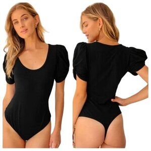 Free People Ava Black Scoop Neck Puff Sleeve Bodysuit